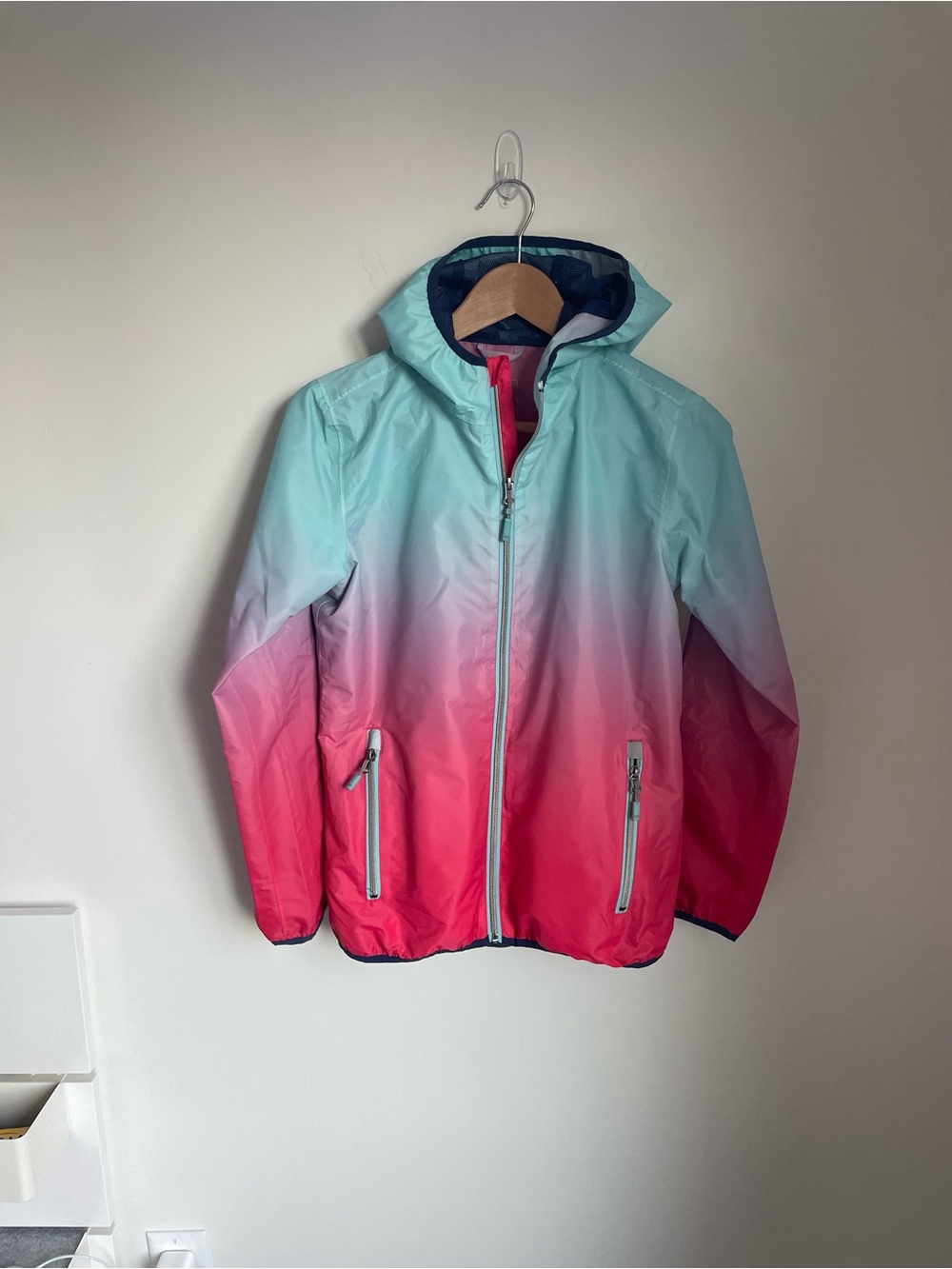 Girls Ombre Hooded Rain Jacket - Aqua to Pink